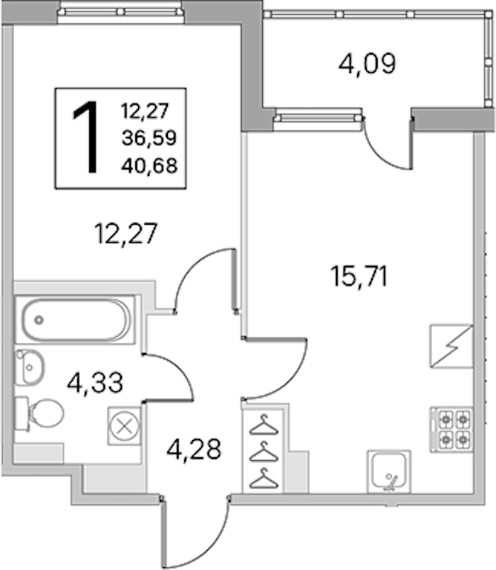 1-комнатная квартира 36.59 м², 3/5 эт., ЖК «ЮгТаун. Олимпийские кварталы»
